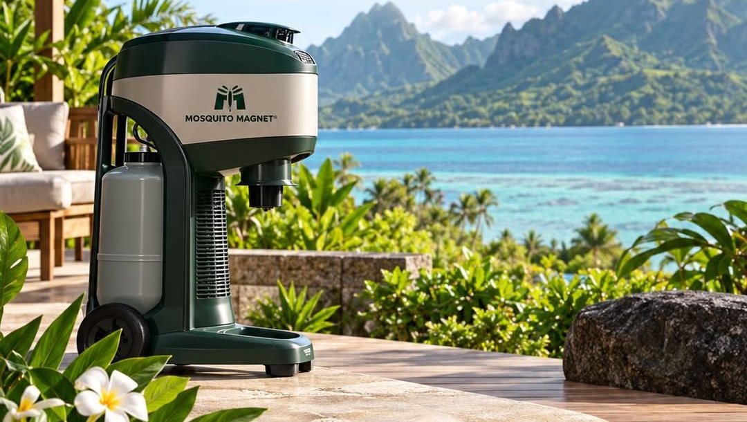 Piège Mosquito Magnet sur une terrasse face au lagon